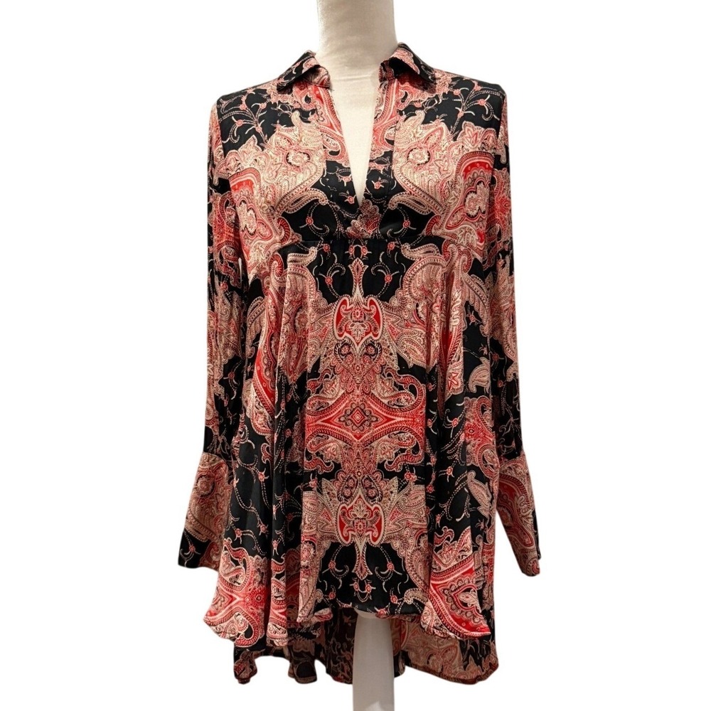 Free People Womens S Black Pink Paisley Mini Dress Bell Sleeve Boho Whimsigoth